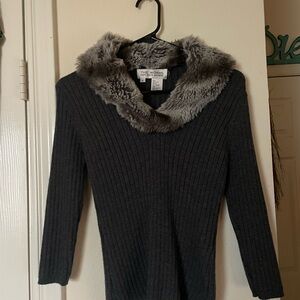 Saks Fifth Avenue Charcoal Sweater with Faux Fur Collar